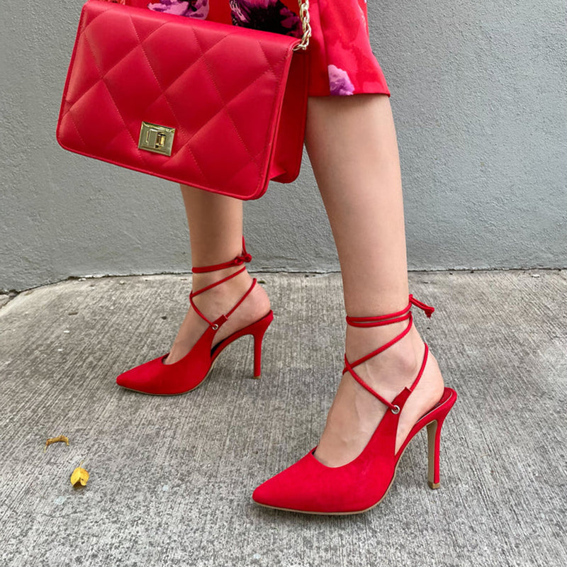 Women's Red Pointed Toe Wrapped Strappy Office Pumps Heels