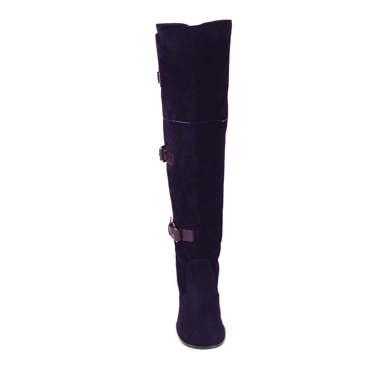 Dark Purple Round Toe Tri-Buckle Strap Knee High Boots for Women