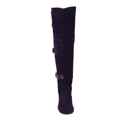 Dark Purple Round Toe Tri-Buckle Strap Knee High Boots for Women