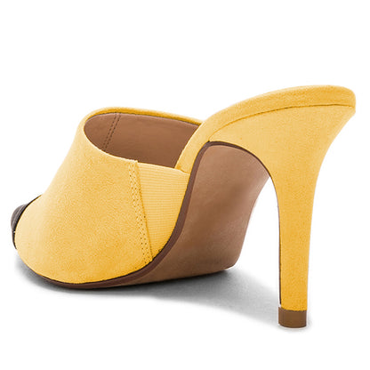 Yellow and Black Vegan Suede Pointed Toe Stiletto Heel Mules Shoes