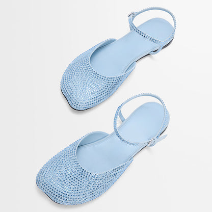 Light Blue Closed-Toe Rhinestone Embellished Ankle Strap Flats