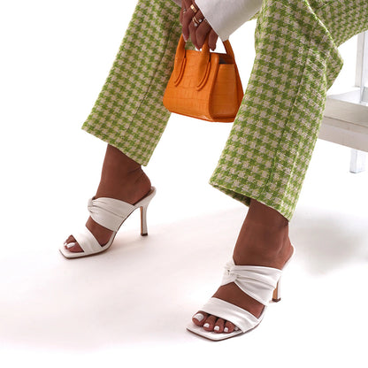 White Square Toe Sandals Women's Folded Strap Office Mule Heels