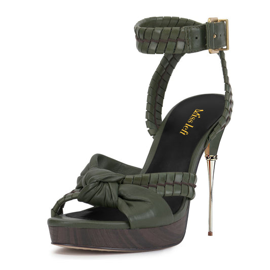 Olive Round-Toe Stiletto Heel Buckled Strappy Woven Platform Sandals