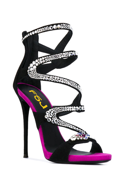 Black & Fuchsia Vegan Suede Rhinestone Snake Strappy Stiletto Heels