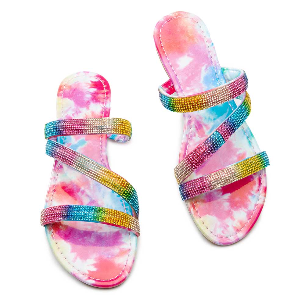 Multicolor Strappy Rhinestone Flats Tie-Dye Print Slide Sandals