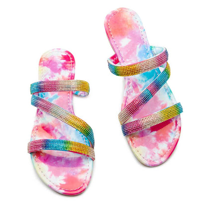 Multicolor Strappy Rhinestone Flats Tie-Dye Print Slide Sandals