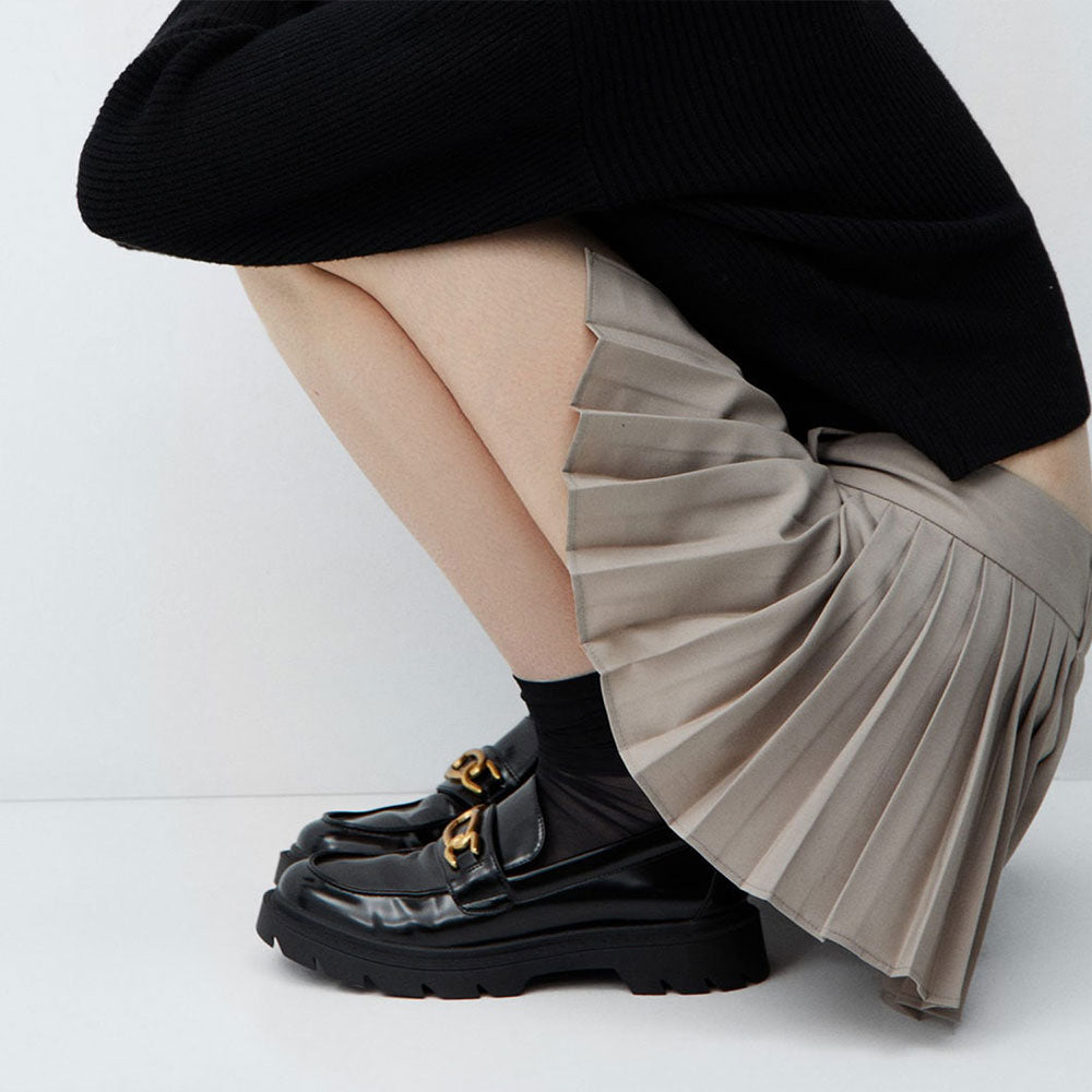 Black Patent Leather Round Toe Chunky Heel Slip-On Loafers