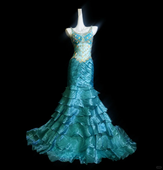 Gorgeous Blue Shiny Beaded Mermaid Satin Tiered Prom Dress Evening Dress TP4337