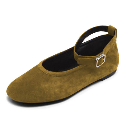 Olive Closed-Toe Ankle Strap Women Flats Shoes with Buckle