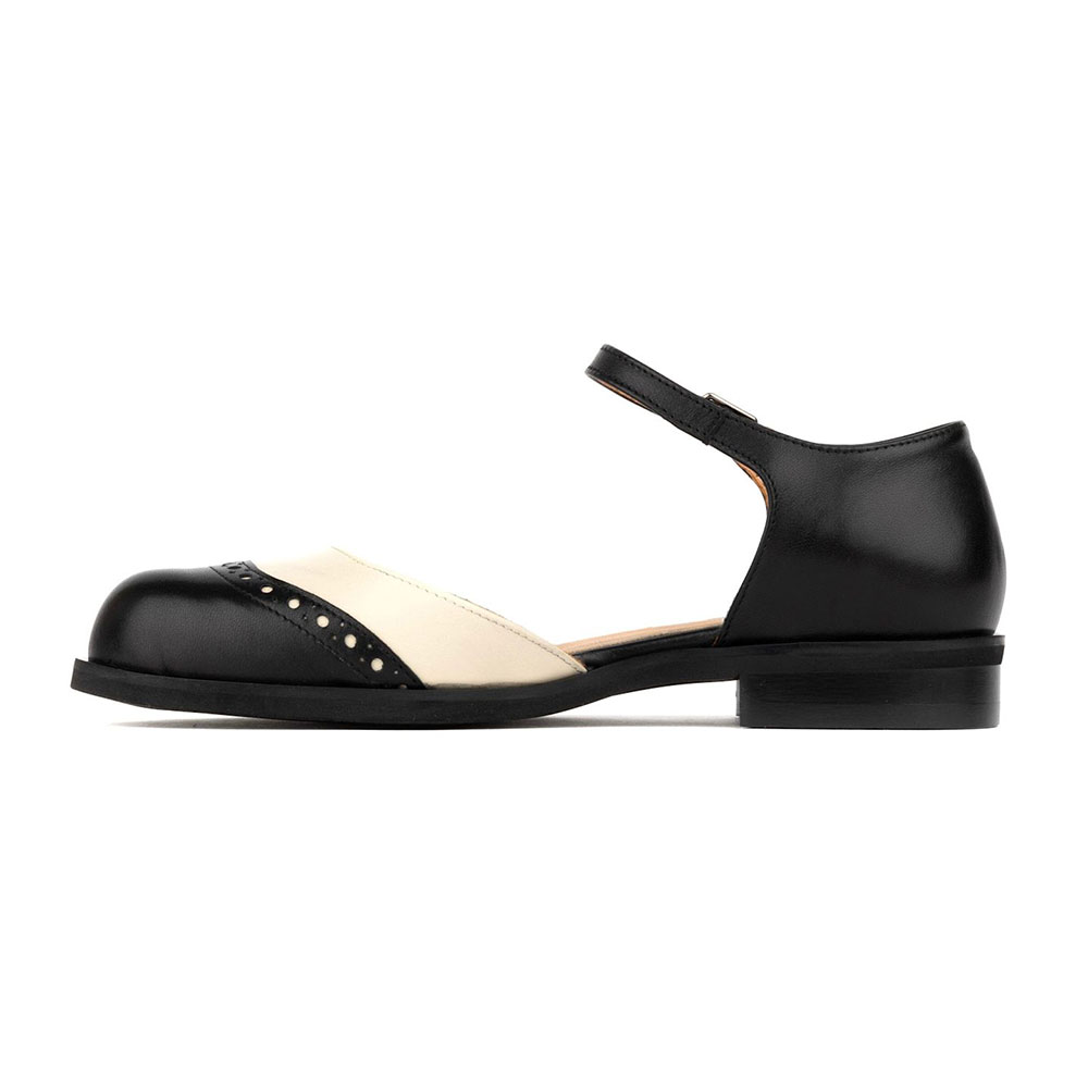 Black and Ivory Round Toe Perforated Ankle Strap Mary Jane Flats