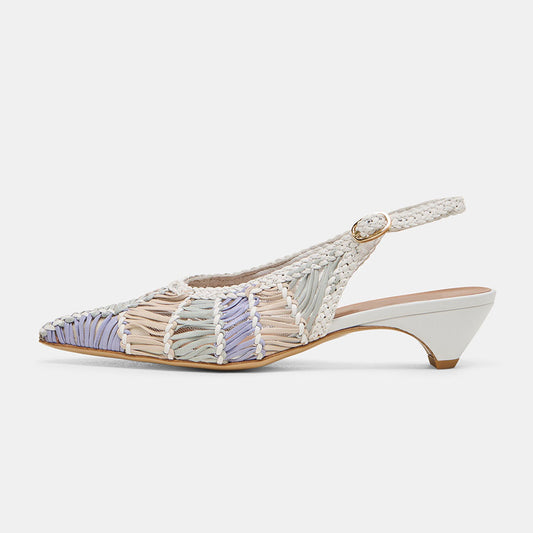 Multicolor Pointed Toe Woven Detail Chunky Heel Slingback Pumps