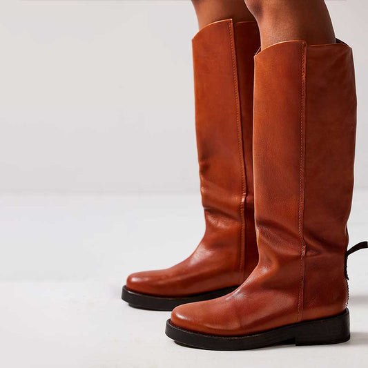 Tan Vegan Leather Round Toe Knee High Boots for Women with Chunky Heel