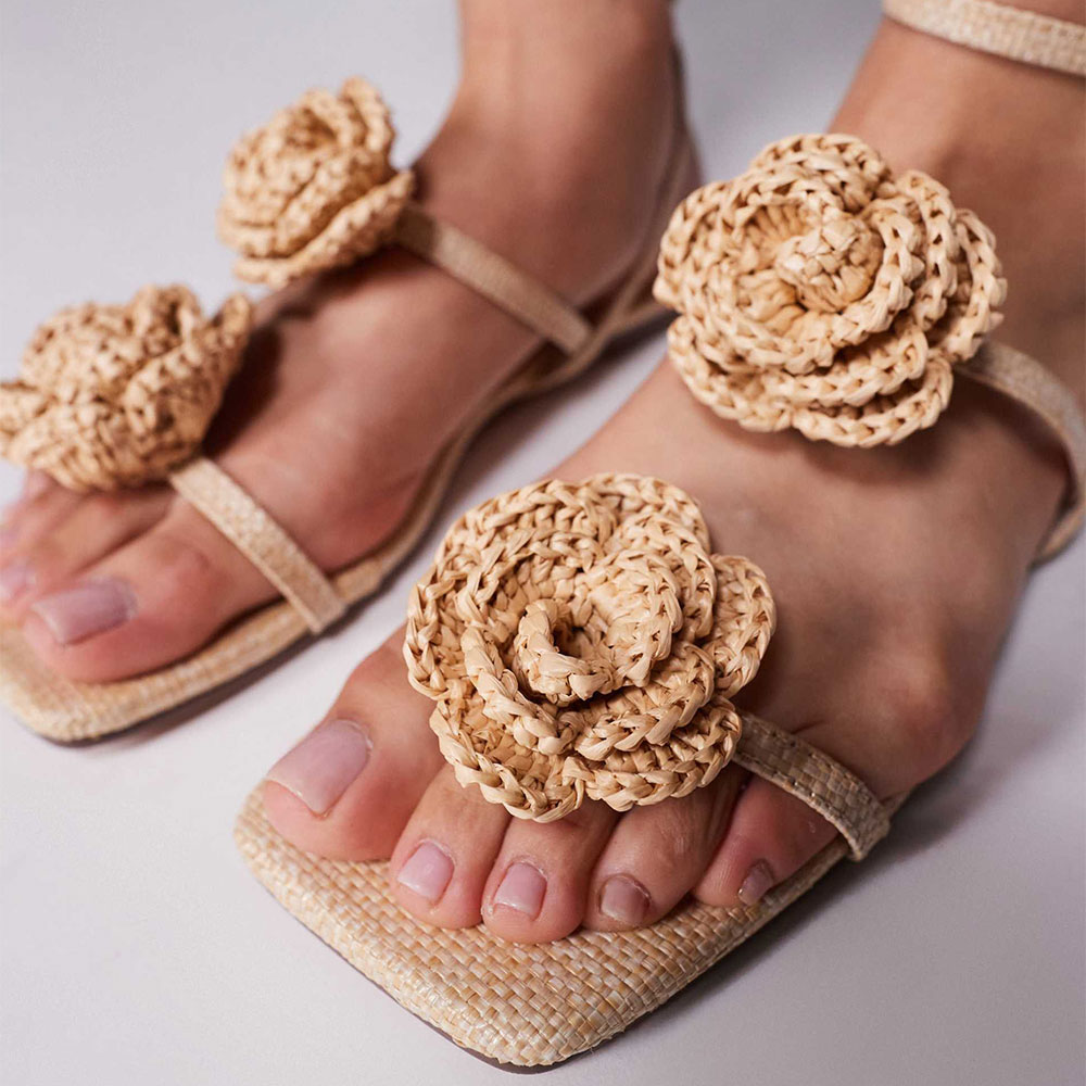 Beige Raffia Woven Open Square Toe Flower Strappy Flat Women Sandals