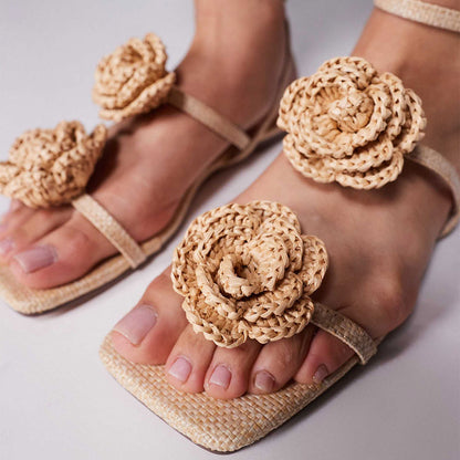 Beige Raffia Woven Open Square Toe Flower Strappy Flat Women Sandals