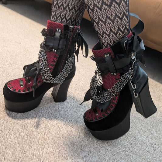 Black & Red Mesh Lace-Up Ruffled Strap Chain Platform Ankle Boots