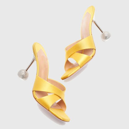 Yellow Crisscross Band Rhinestone Sculptural Heel Mules Sandals