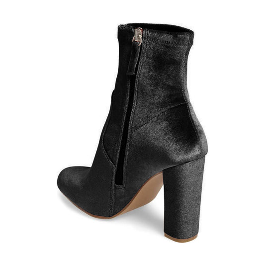 Women's Black Velvet Round Toe Ankle Boots with Chunky Heels