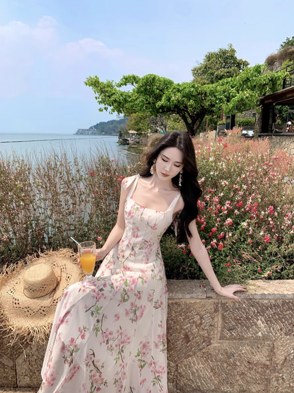 Simple Fashion Pink Floral Design A-line Beach Holiday Spaghetti Strap Dress TP3535