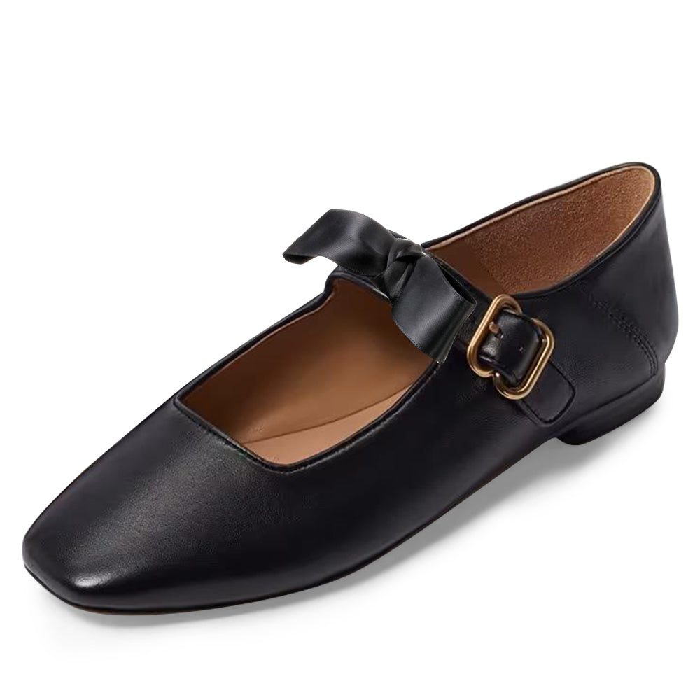 Black Square Toe  Flats With Buckle Chunky Low Heels