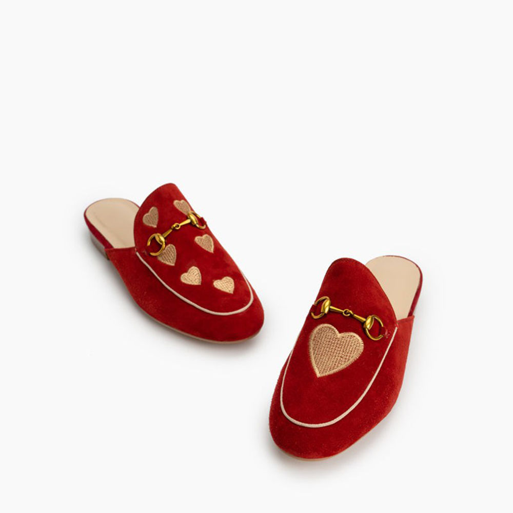 Red Vegan Suede Heart Embroidered Horsebit Mule Loafers