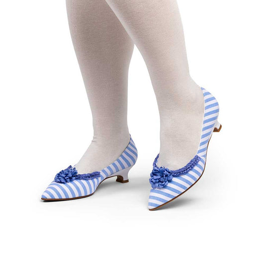 Blue & White Striped Pleated Trim Spool Heel Pumps Shoes with Flower
