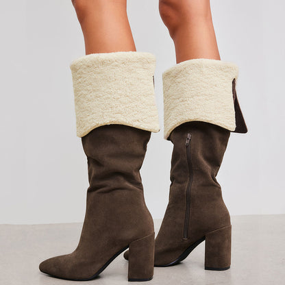 FSJ Brown Vegan Suede Almond Toe Fold Over Fuzzy Knee High Boots