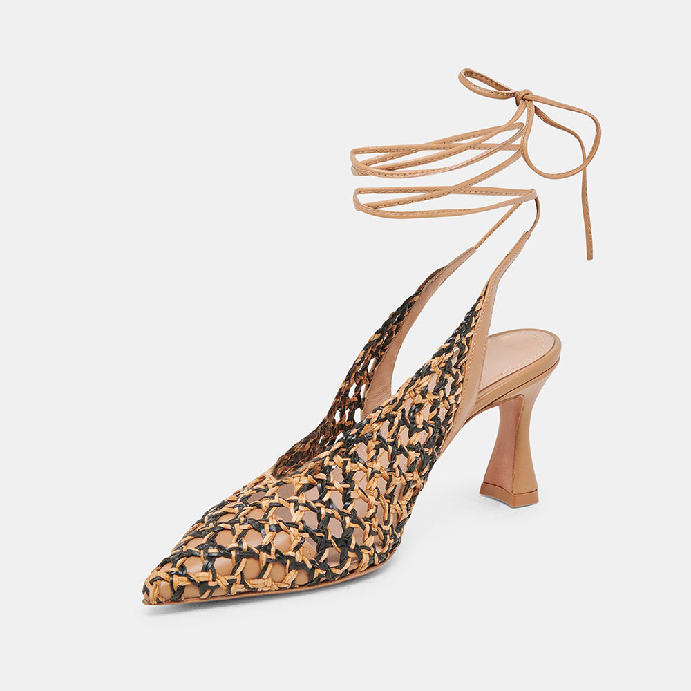 Chic Black & Nude Woven Pointed Toe Lace-Up Flared Heel Sandals