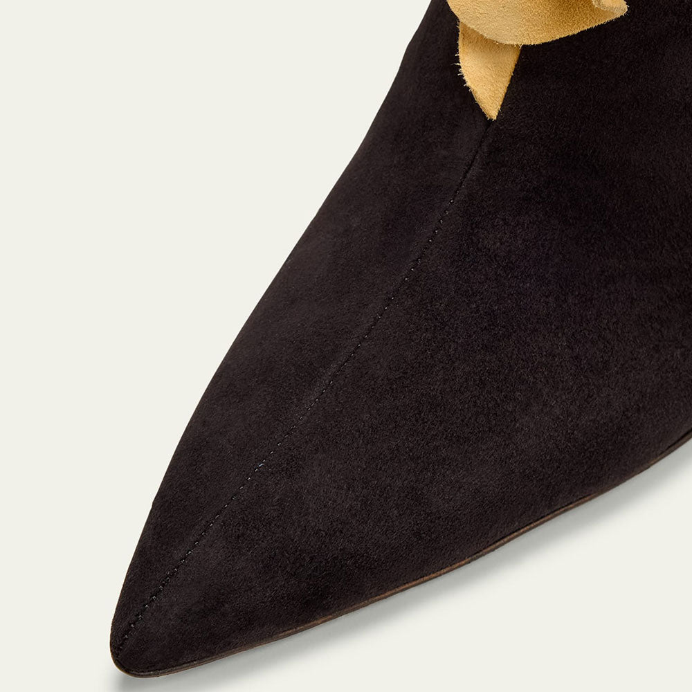 Black & Red Ruffles Design Pointed Toe Ankle Boots with Flared Heel