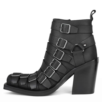 Black Square Toe Block Heel Ankle Boots with Multi-strap