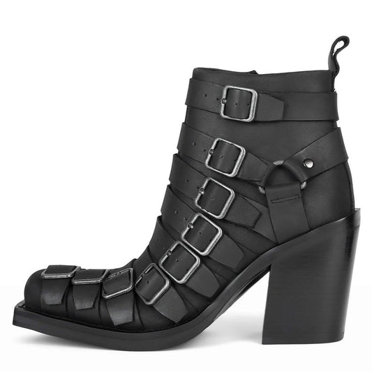Black Square Toe Block Heel Ankle Boots with Multi-strap