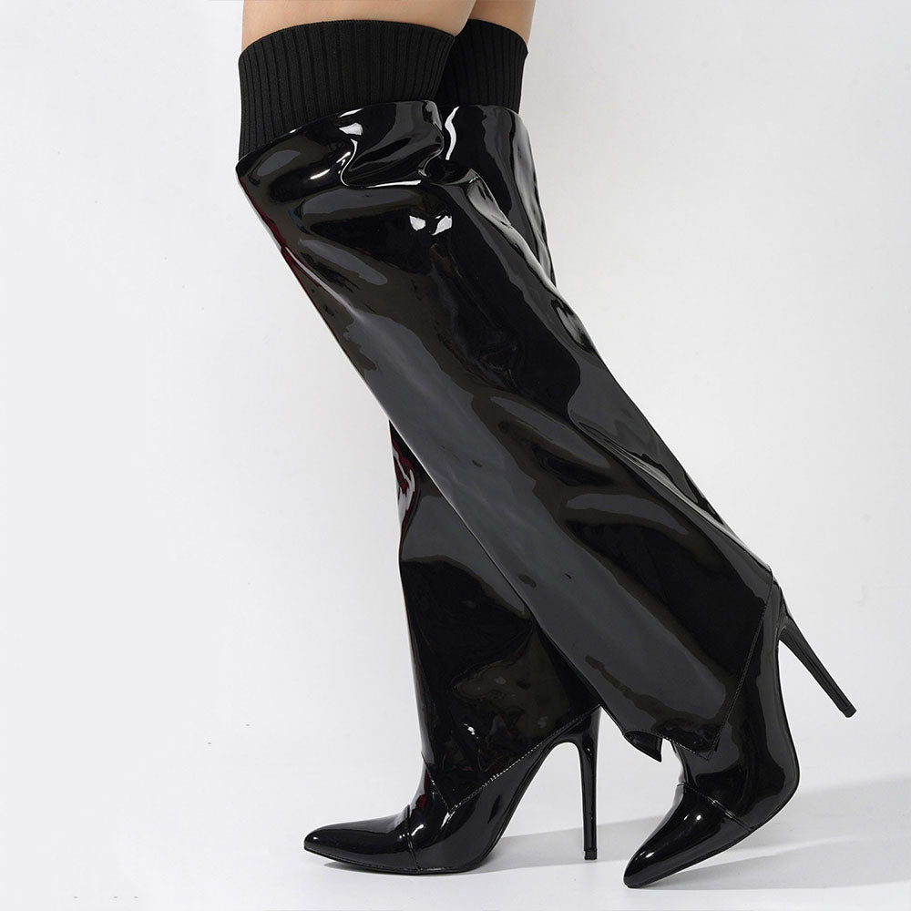 Black Patent Leather Fold-Over Knee High Boots with Stiletto Heels
