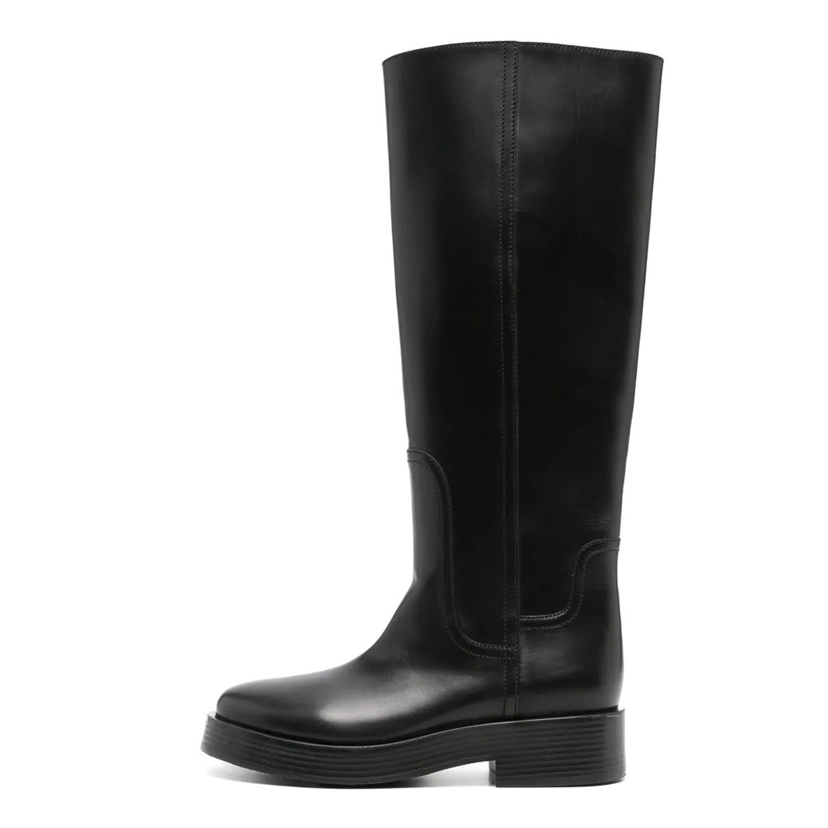 Black Round Toe Pull-On Chunky Heel Platform Knee High Boots