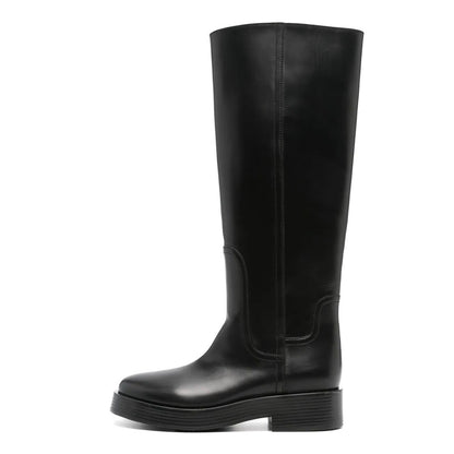 Black Round Toe Pull-On Chunky Heel Platform Knee High Boots