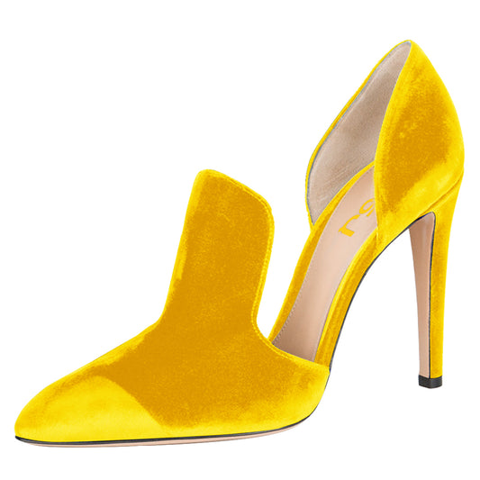 Yellow Double D'Orsay Pointy Toe Stiletto Heels Pumps