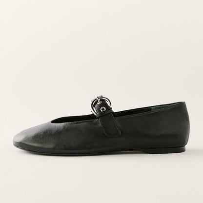 Black Vegan Leather Closed Toe Flat Loafers with Buckle