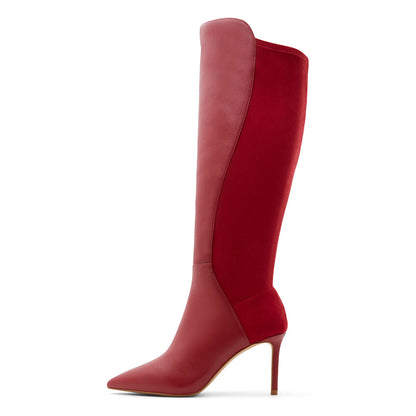 Maroon & Red Pointy Toe Stiletto Heel Knee High Boots with Zipper