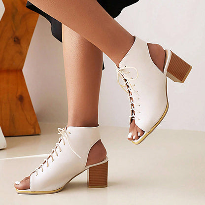 White Square Toe Chunky Heel Lace Up Ankle Boots