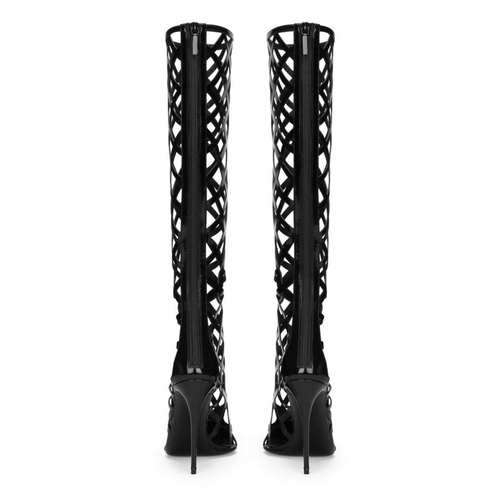 Black Pointed Toe Caged Design Stiletto Heel Knee High Boots
