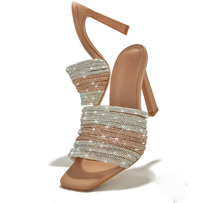 Beige Square Toe 3'' Stiletto Heel Rhinestone Strappy Mules