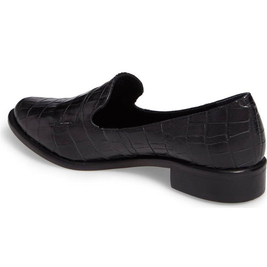 Black Croco Embossed Almond Toe Low-Heel Women's Loafers