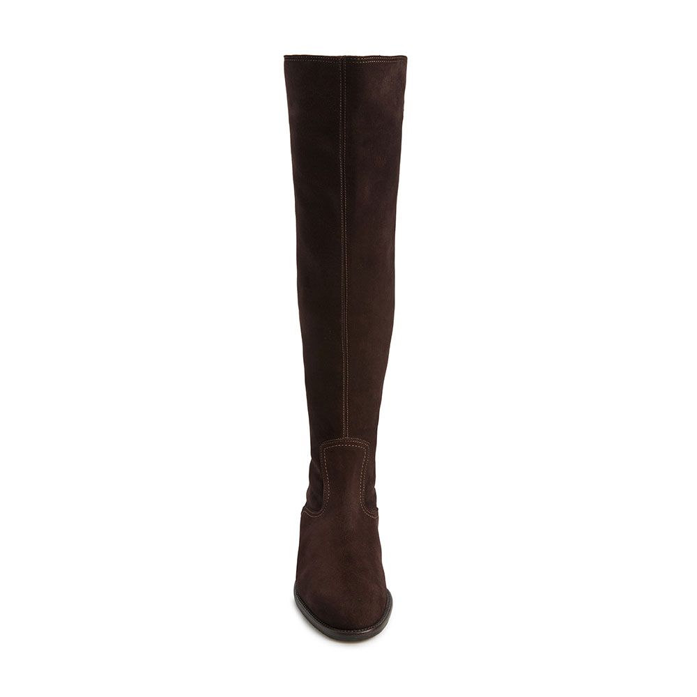 Classic Dark Brown Vegan Suede Round Toe Flat Knee High Boots