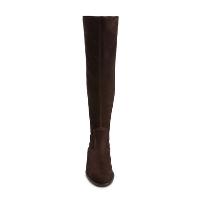 Classic Dark Brown Vegan Suede Round Toe Flat Knee High Boots