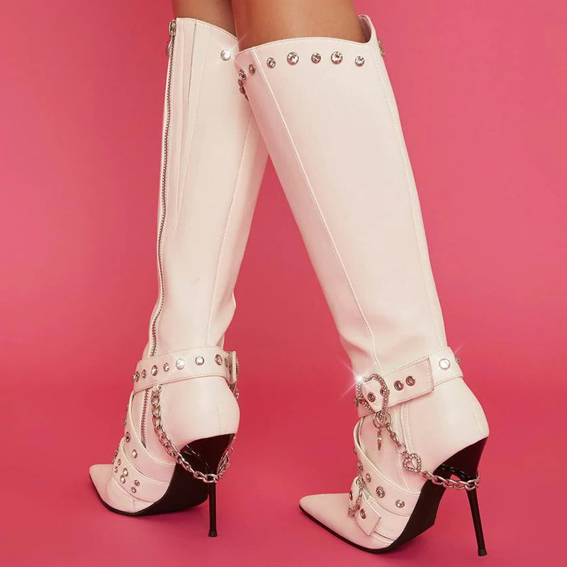 White Pointed Toe Studded Heart Buckle Stiletto Knee High Boots