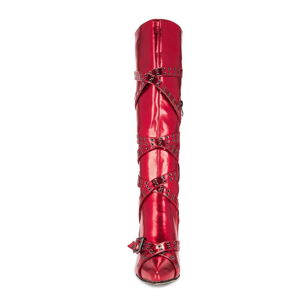 Red Pointed Toe Buckled Grommet Strap Stiletto Knee High Boots