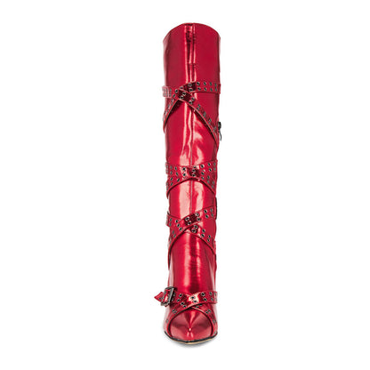 Red Pointed Toe Buckled Grommet Strap Stiletto Knee High Boots
