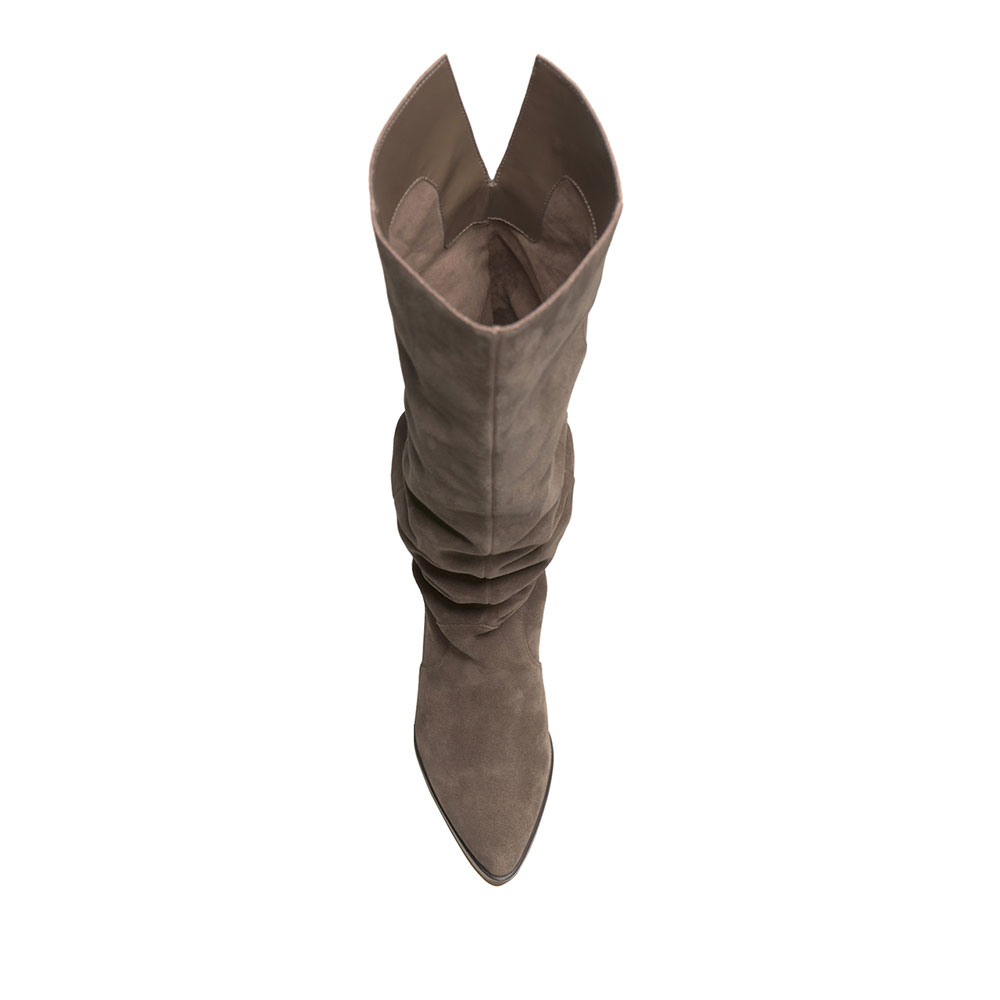 Gray Faux Suede Pointed Toe Chunky Heel Wide Calf Knee High Boots