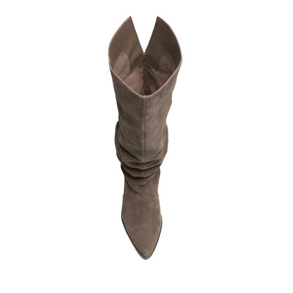 Gray Faux Suede Pointed Toe Chunky Heel Wide Calf Knee High Boots