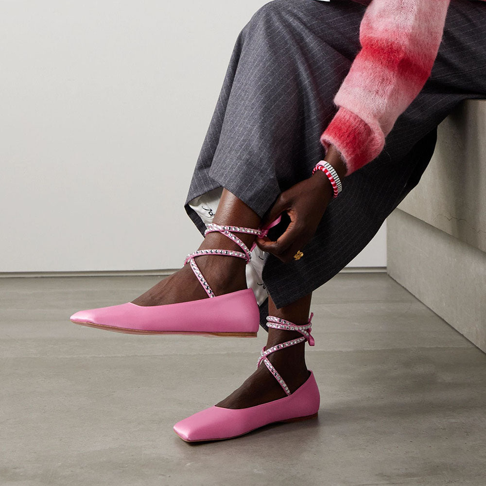 Pink Satin Square Toe Wedding Shoes Rhinestone Strappy Ballet Flats