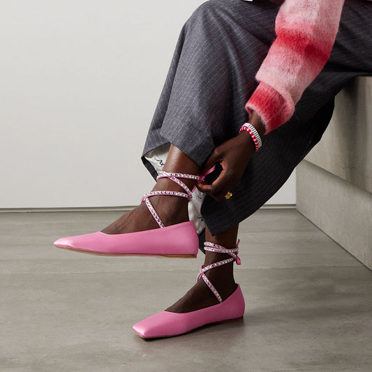 Pink Satin Square Toe Wedding Shoes Rhinestone Strappy Ballet Flats