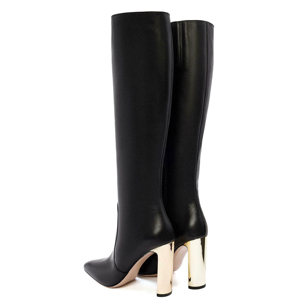 Black Square Toe Metallic Chunky Heel Zipper Knee High Boots for Women